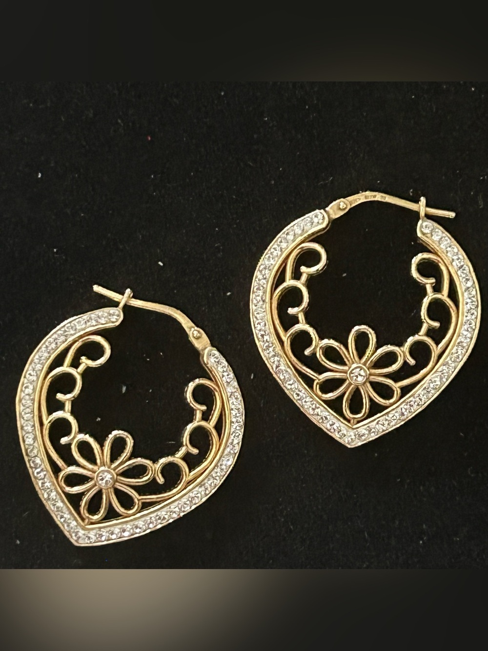 Gold Plated Sterling Silver Crystal Filigree Heart Hoops Earrings